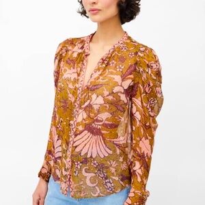 Ulla Johnson Silk Pink & Olive ANITA BLOUSE 2 Balloon Sleeves